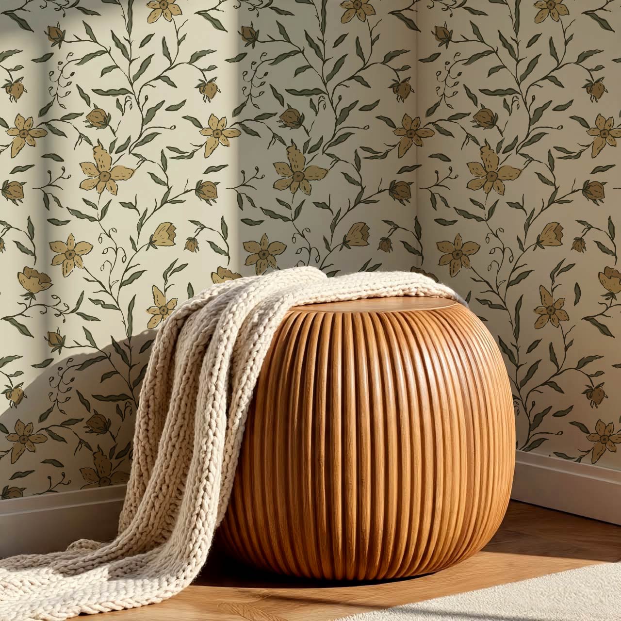 Cintia Trailing Floral Honey Olive Wallpaper