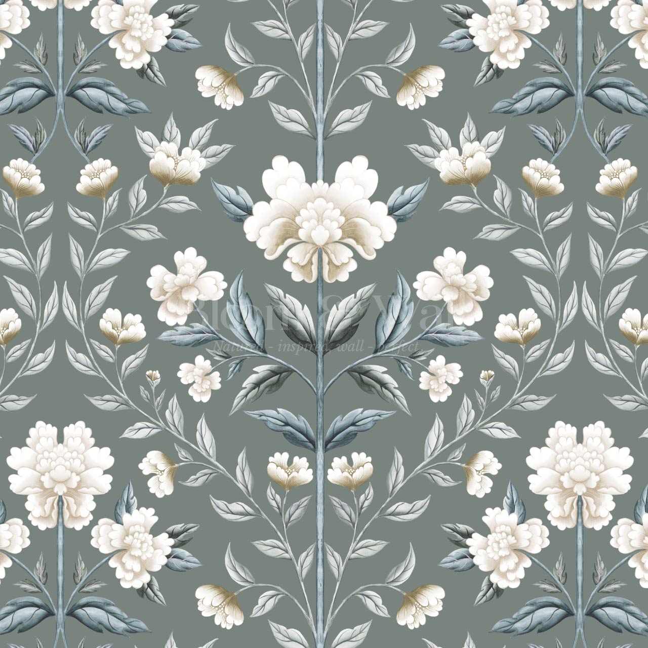 Concetta Peony Cottage Garden Veil Deep Sage Wallpaper
