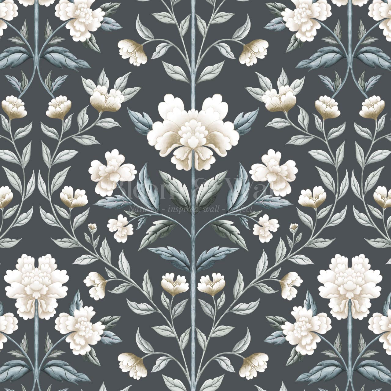 Concetta Peony Cottage Garden Veil Slate Wallpaper