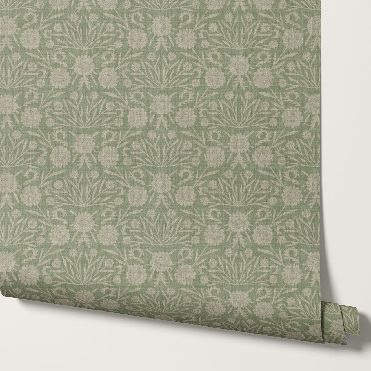 Daisy Antique Motif Green Powder Gray Wallpaper