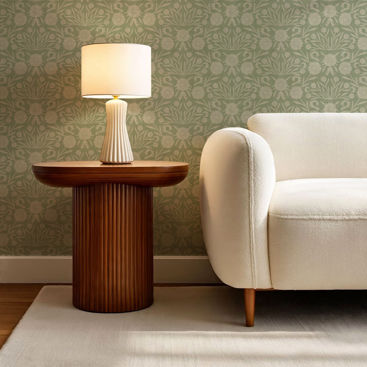 Daisy Antique Motif Green Powder Gray Wallpaper