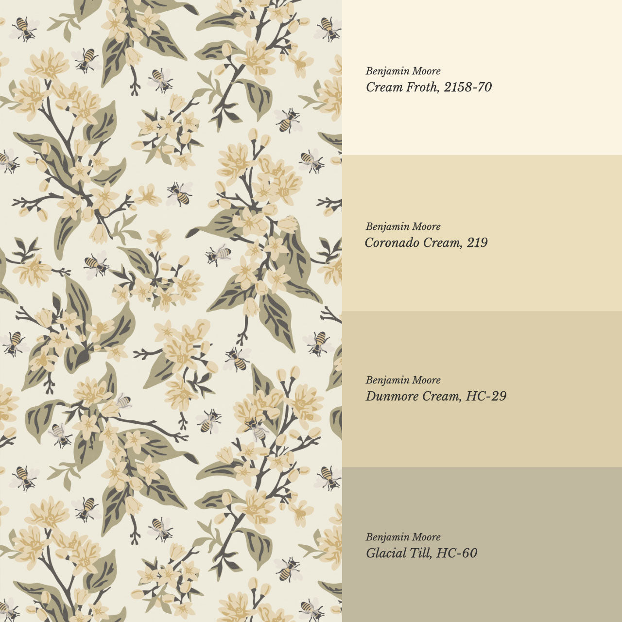 Danna Flowers & Bees Butter Sage Wallpaper