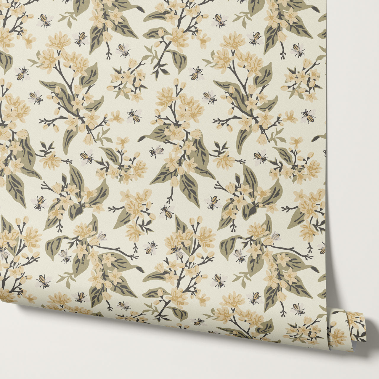 Danna Flowers & Bees Butter Sage Wallpaper