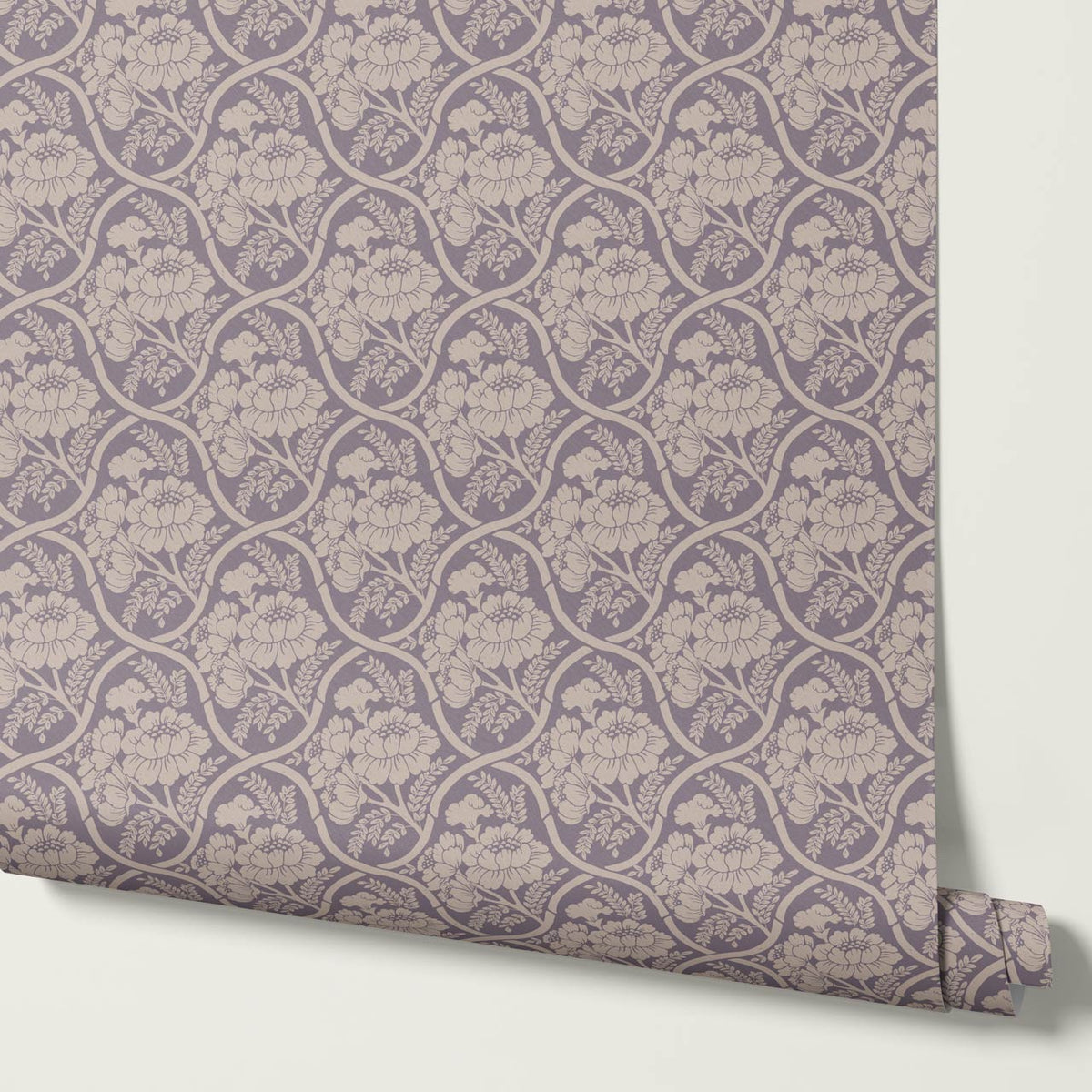 Delfina Peony Bamboo Trellis Blue Plum Beige Wallpaper