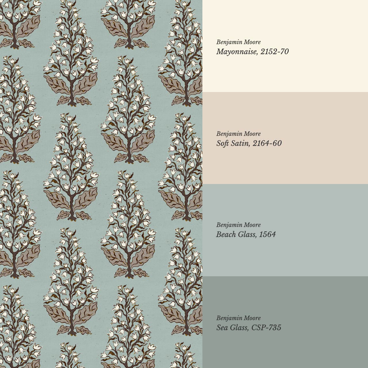 Dominga Block Print Florals Dusty Blue Brown Wallpaper
