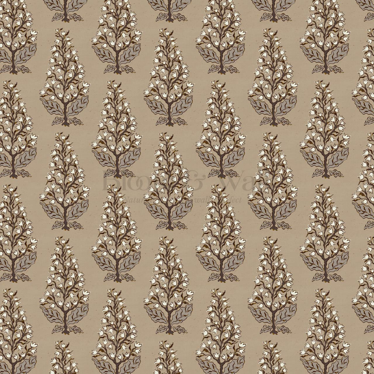 Dominga Block Print Florals Taupe Brown Wallpaper