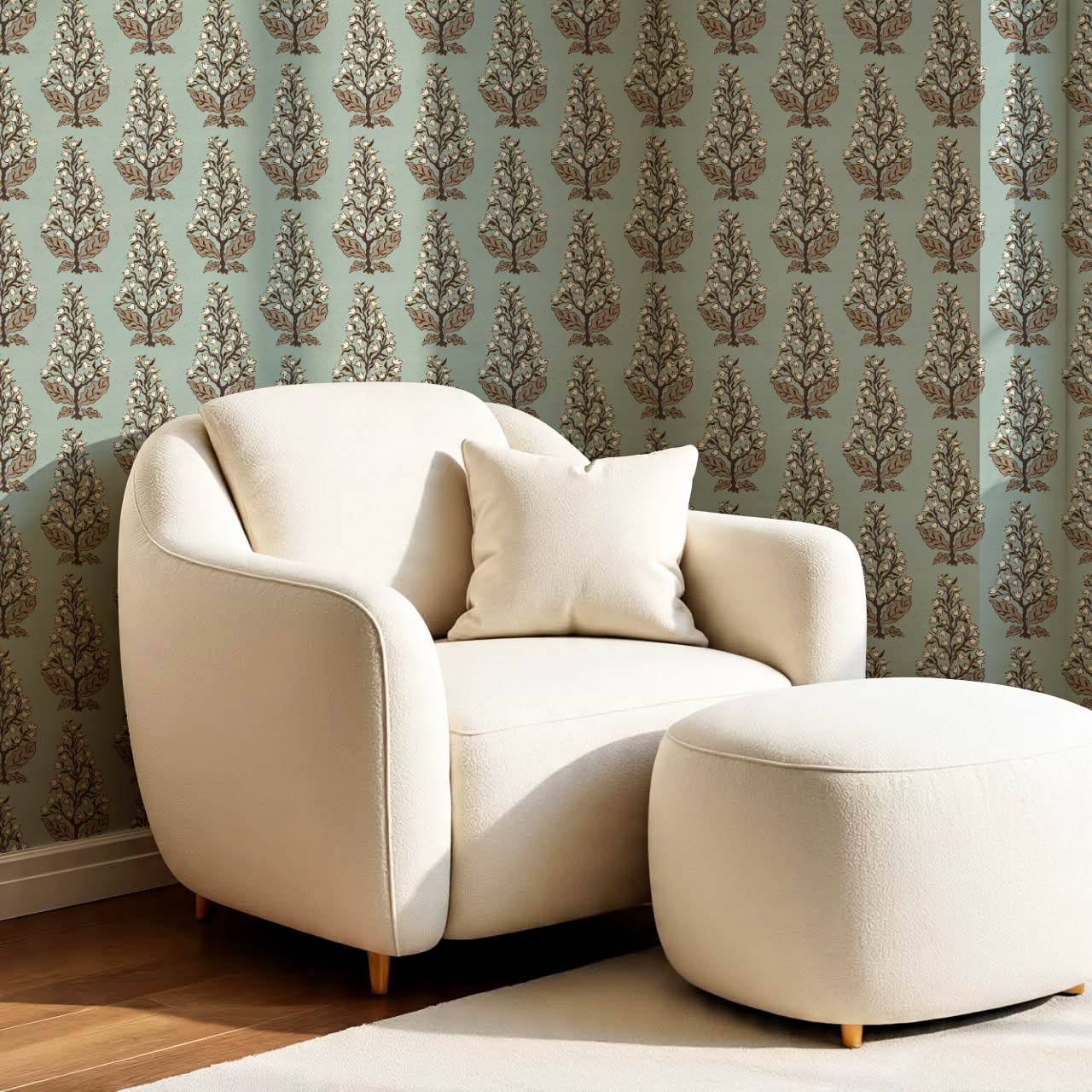Dominga Block Print Florals Dusty Blue Brown Wallpaper