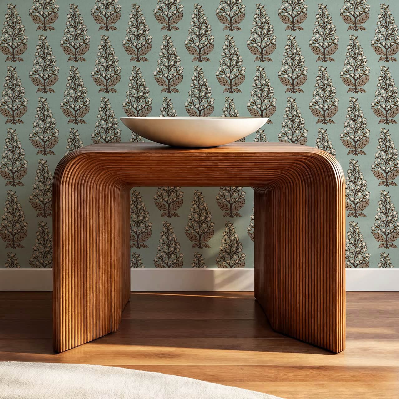 Dominga Block Print Florals Dusty Blue Brown Wallpaper