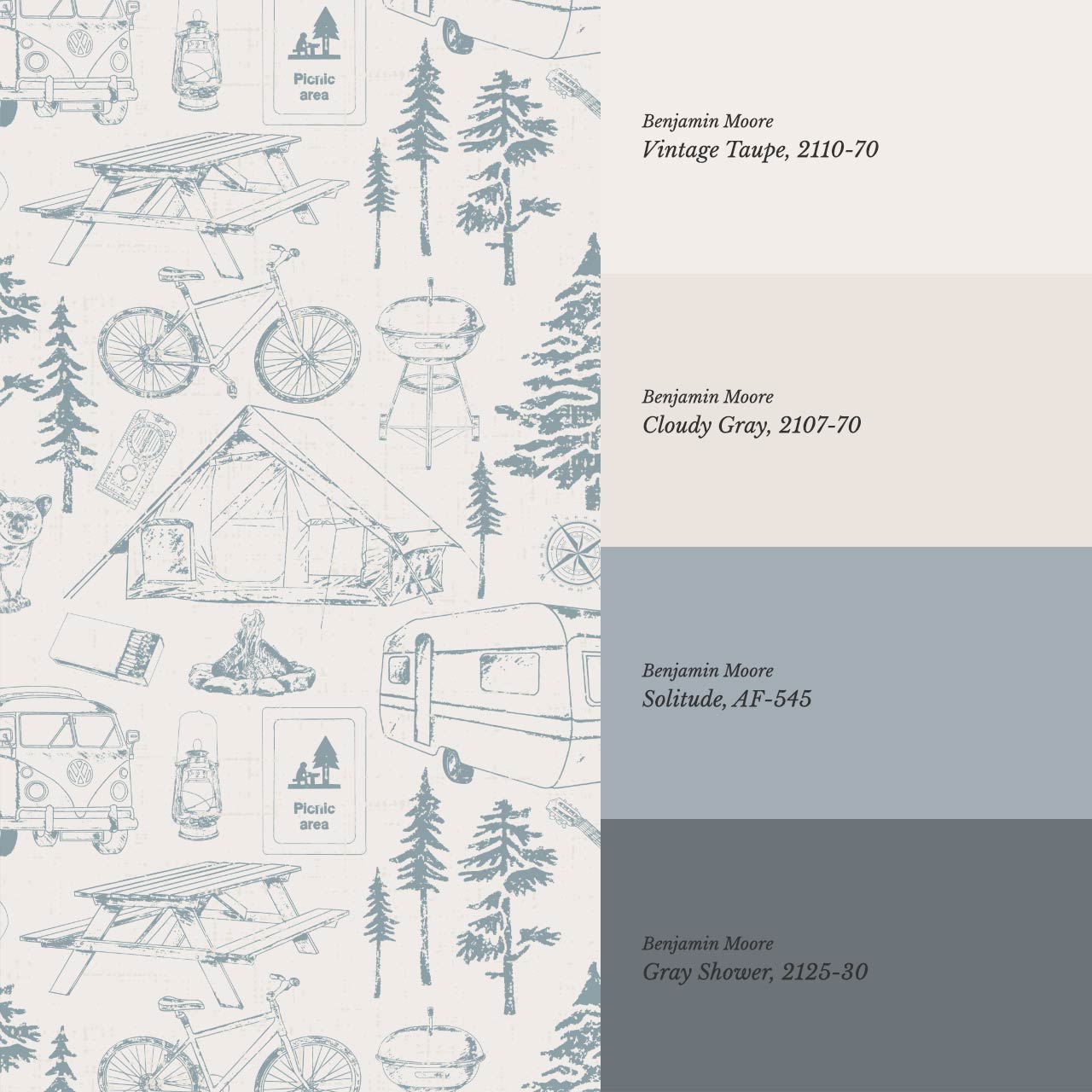 Eha Camping Toile Ivory Teal Wallpaper