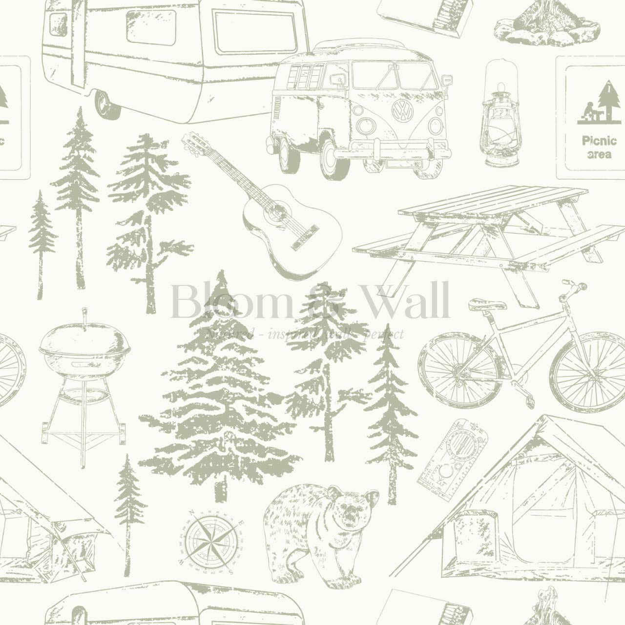 Eha Camping Toile Ivory Sage Wallpaper