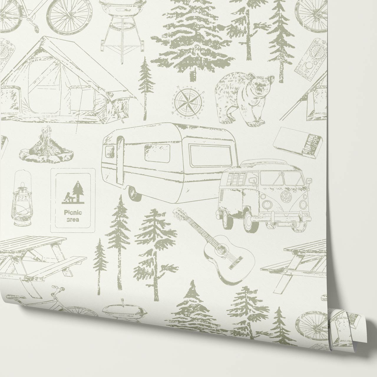 Eha Camping Toile Ivory Sage Wallpaper