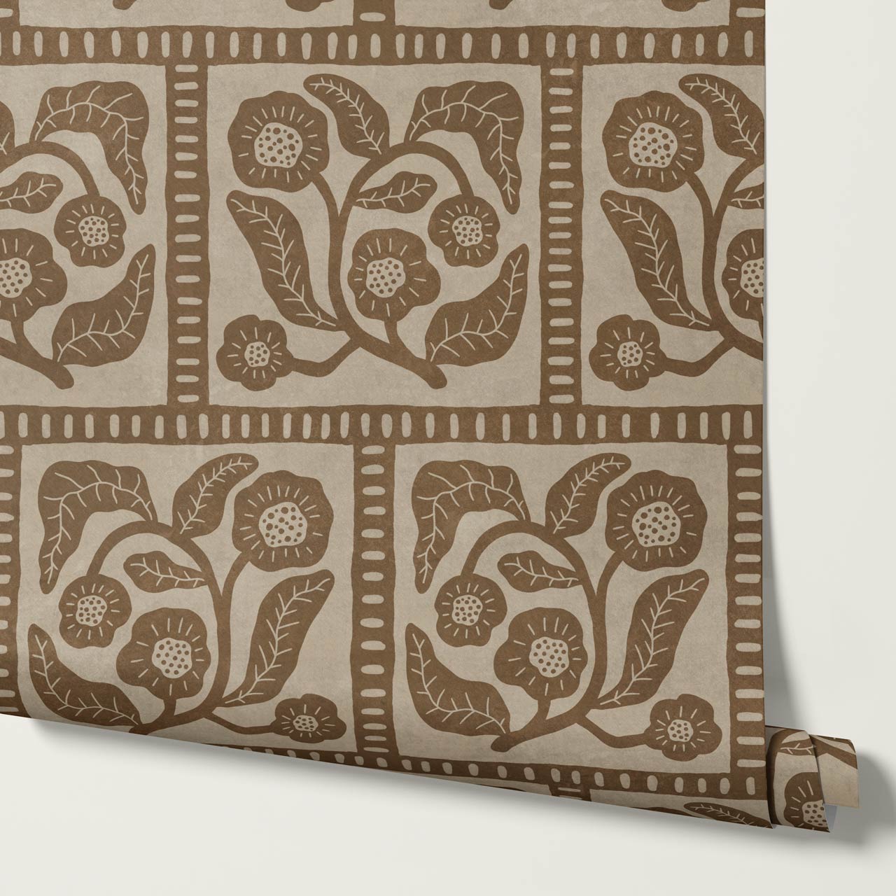 Eira Folk Art Squares Brown Beige Wallpaper