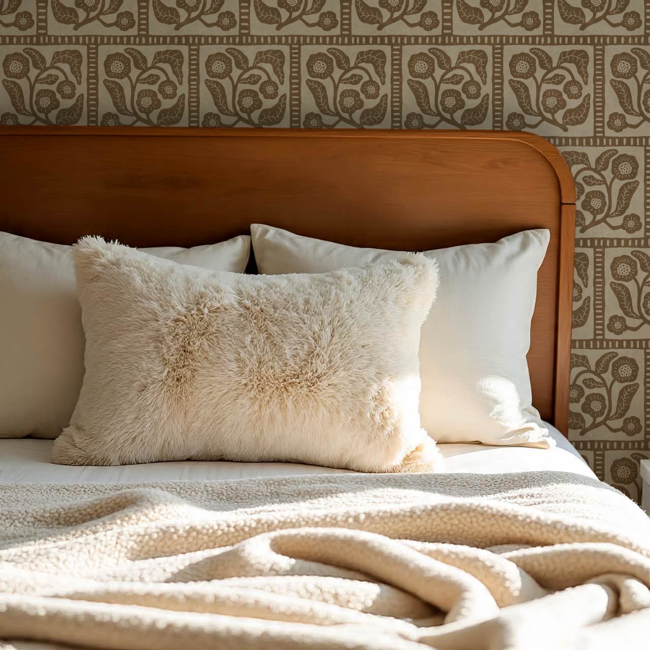 Eira Folk Art Squares Brown Beige Wallpaper