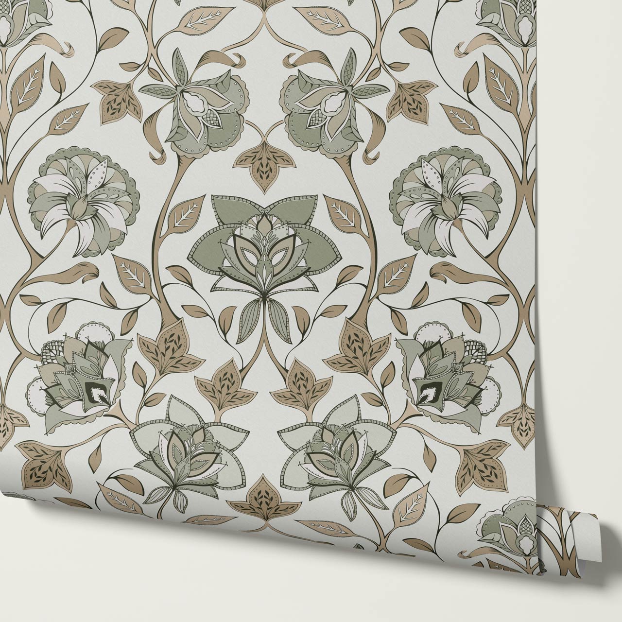 Elvia Ornate Floral Sage Brown Wallpaper