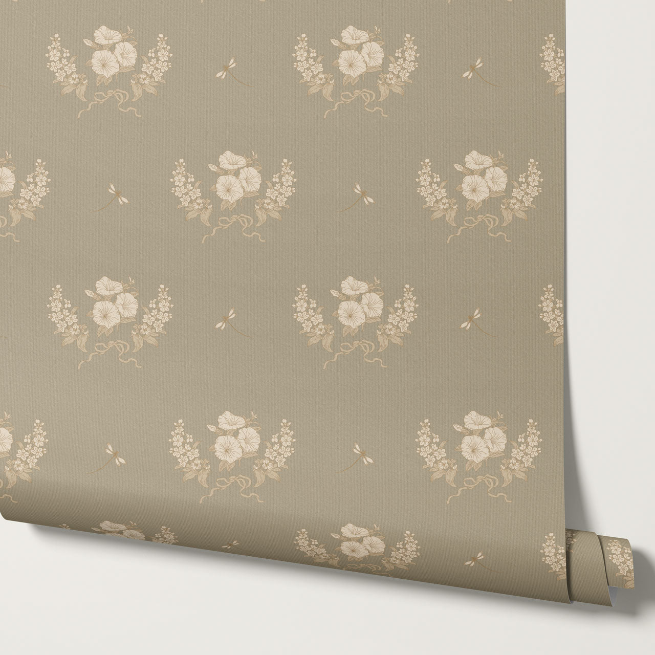 Eva Petunias and Dragonflies Olive Wallpaper