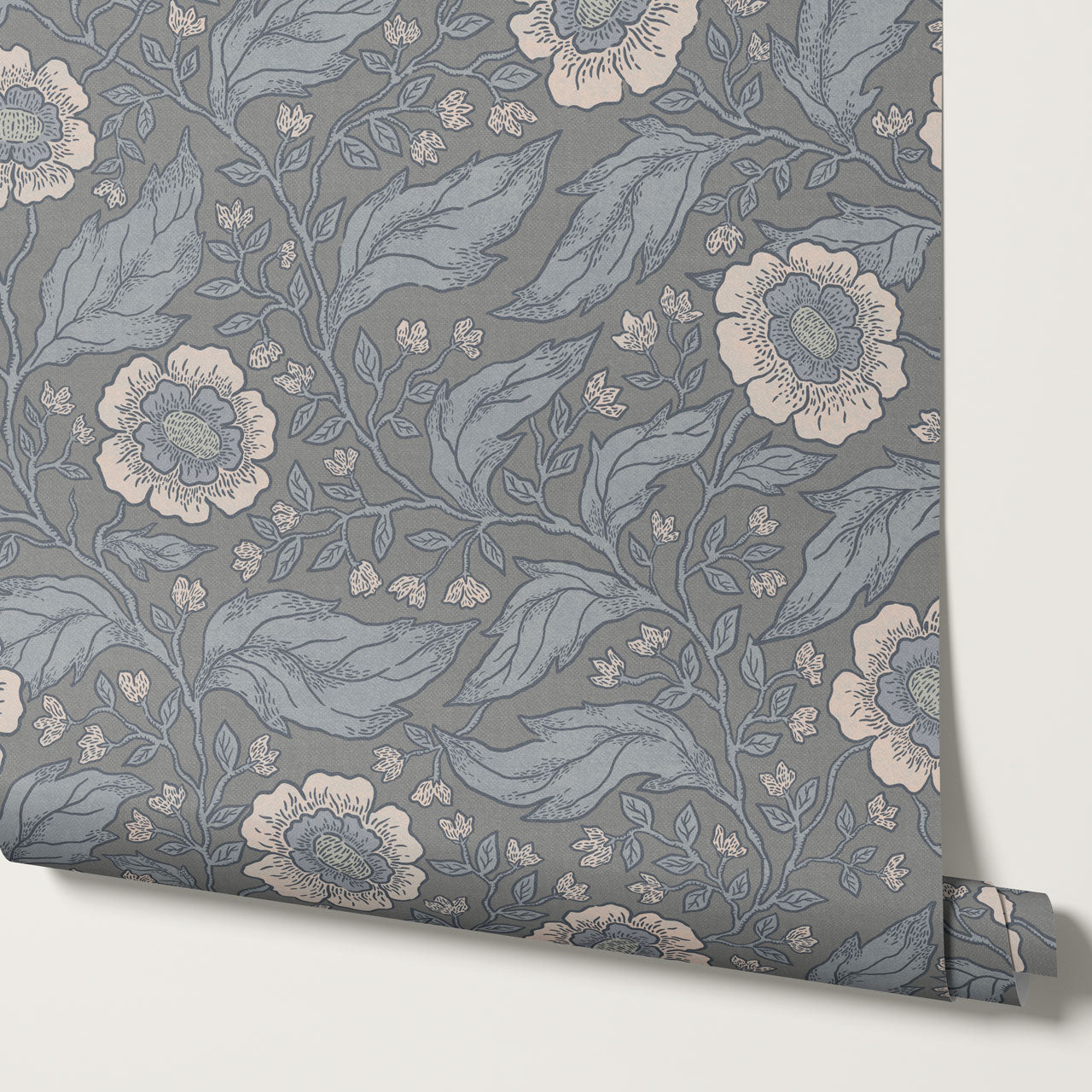Evie Floral Vines Dusty Blue Wallpaper