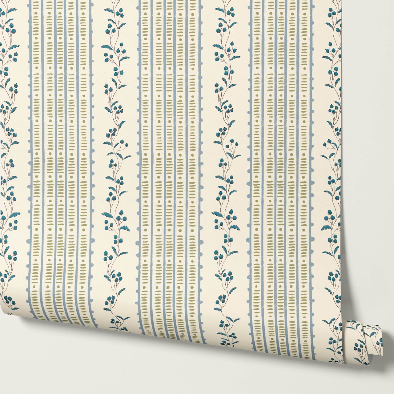 Feliciana Ticking Stripes French Blue Ivory Wallpaper