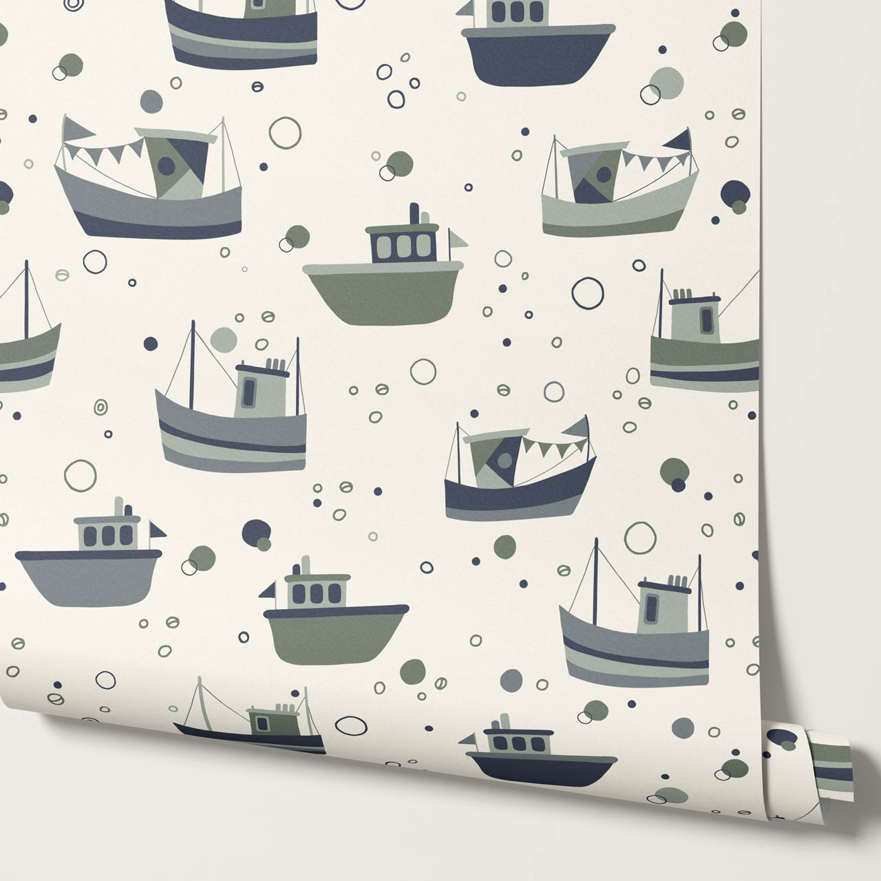 Felix Out to Sea Sailboats Cream Green Blue Wallpaper