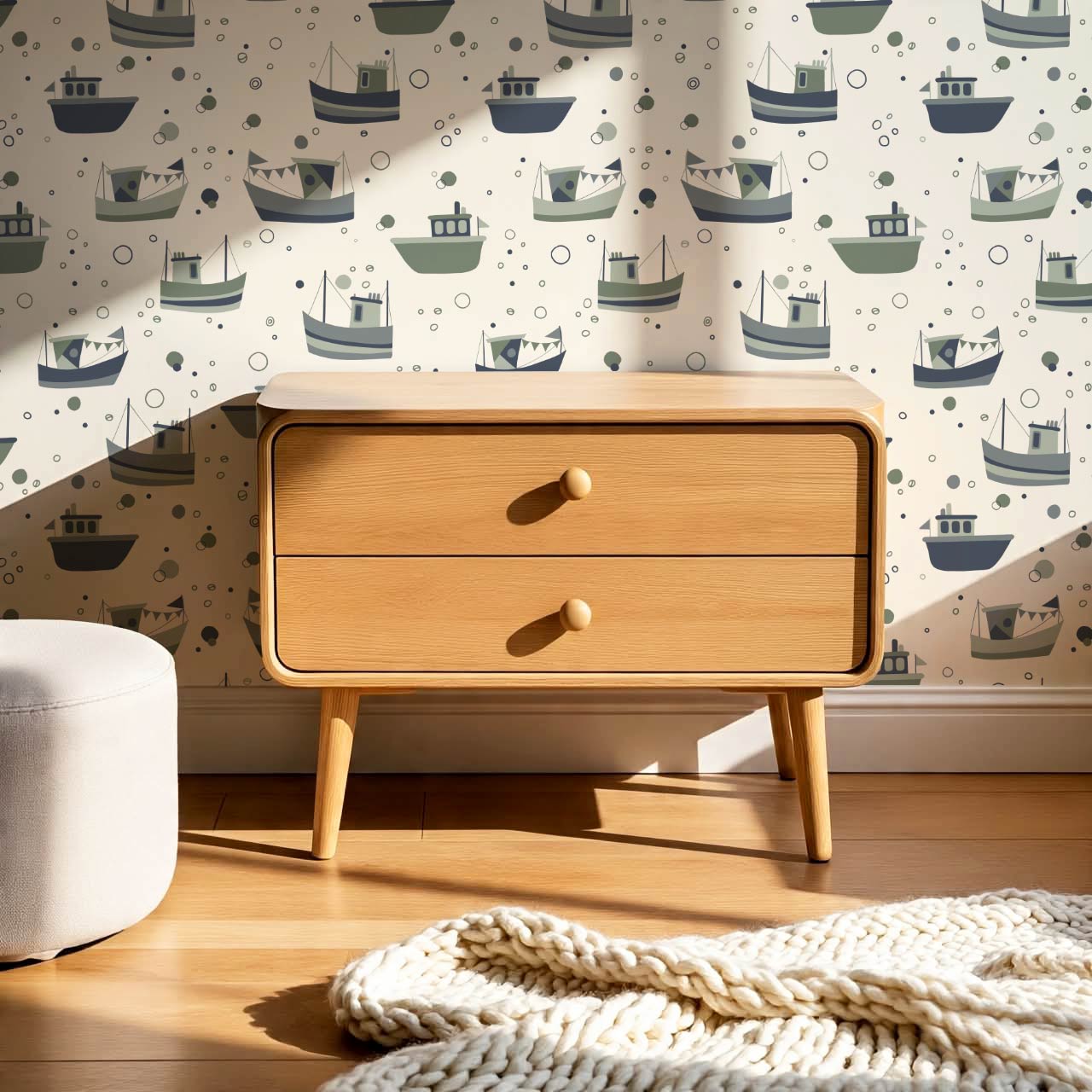 Felix Out to Sea Sailboats Cream Green Blue Wallpaper