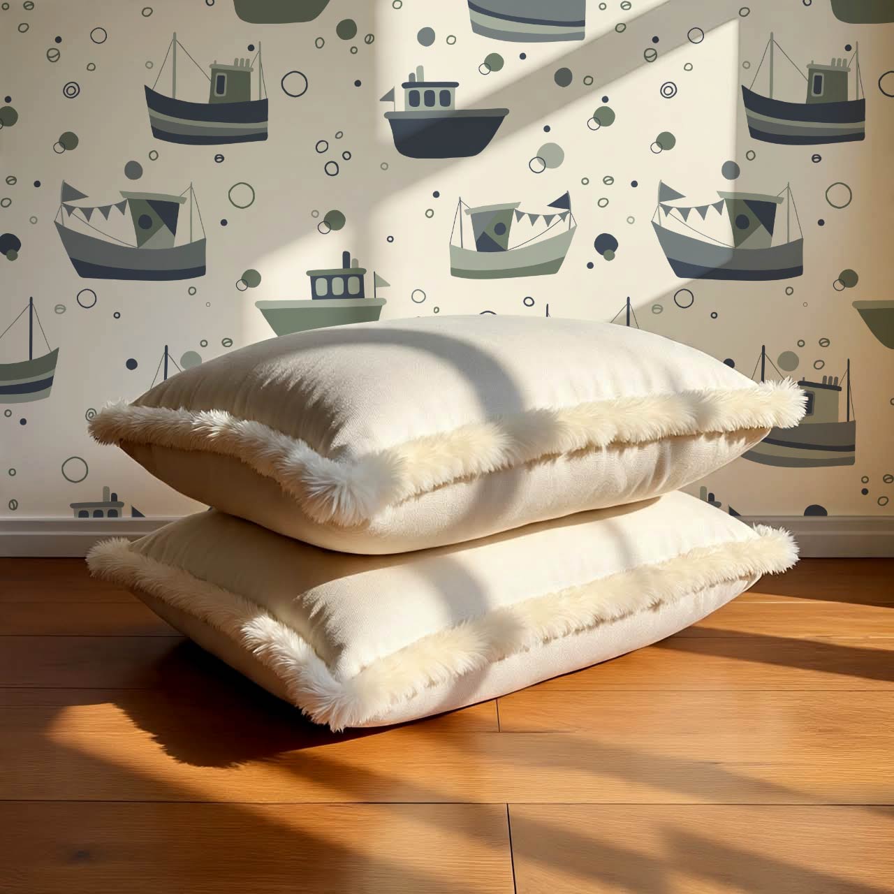 Felix Out to Sea Sailboats Cream Green Blue Wallpaper