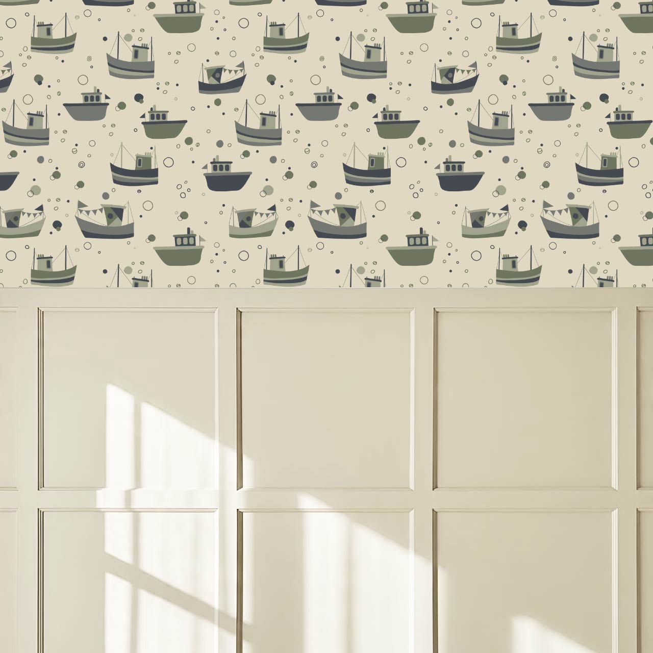 Felix Out to Sea Sailboats Cream Green Blue Wallpaper