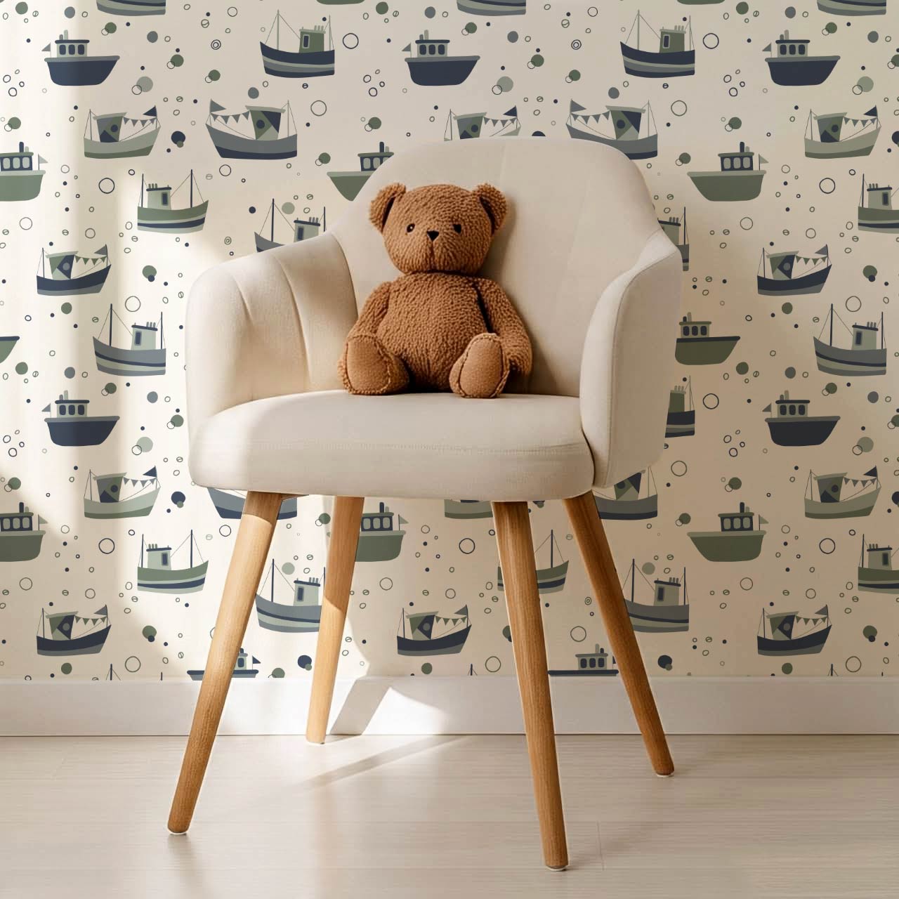 Felix Out to Sea Sailboats Cream Green Blue Wallpaper