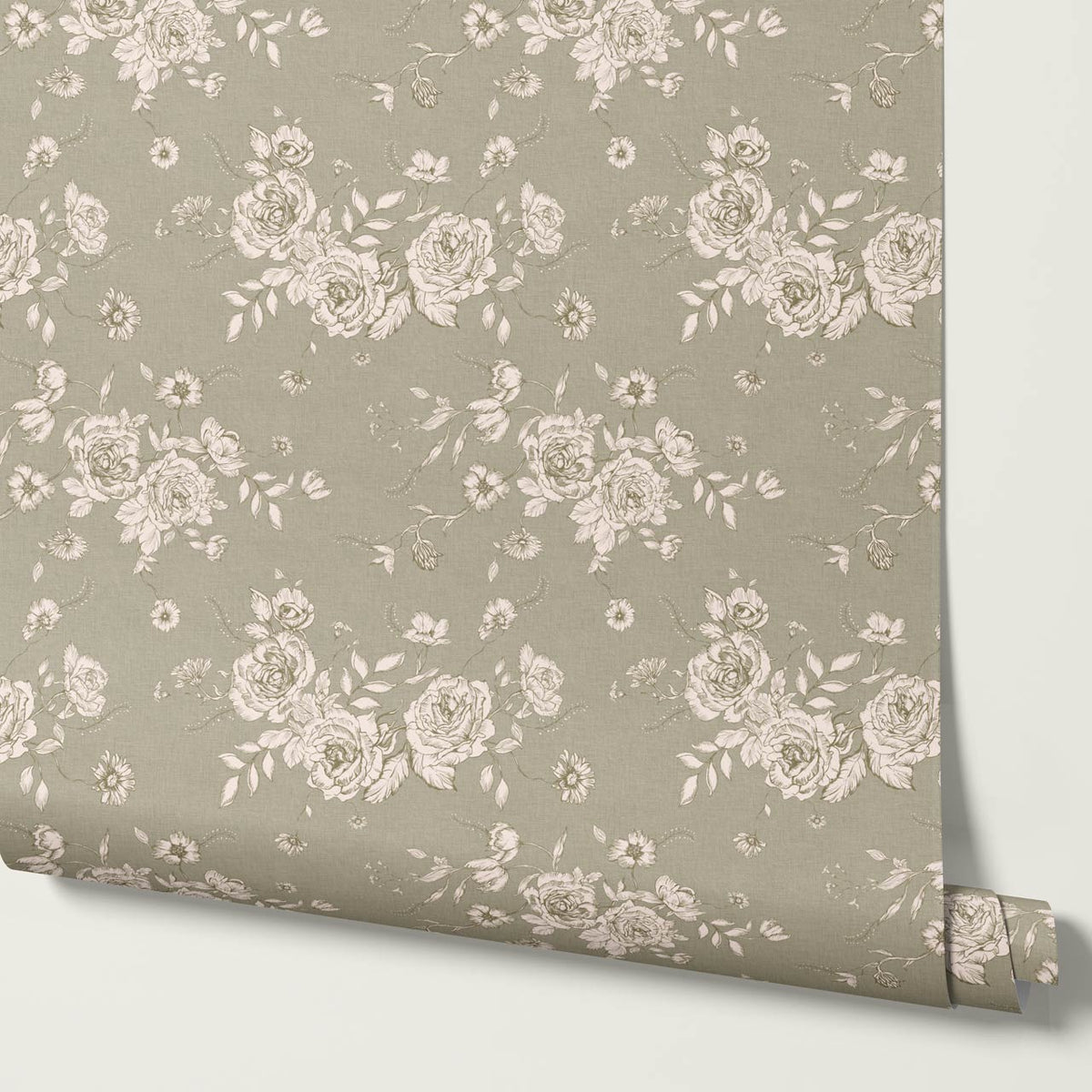 Fina Roses of Memory Laurel Green Cream Wallpaper
