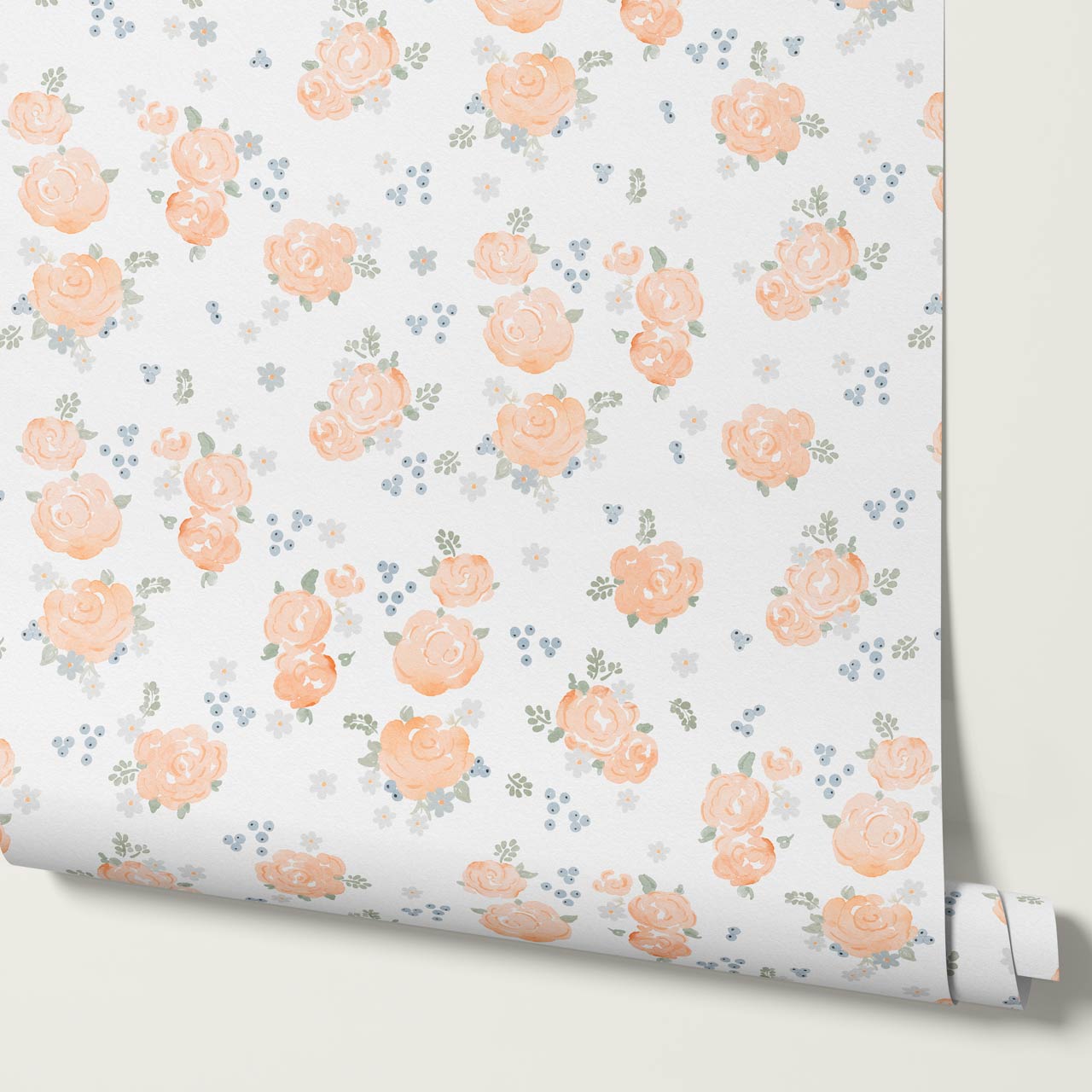 Fiona Tossed Peach Roses Cream Coral Wallpaper