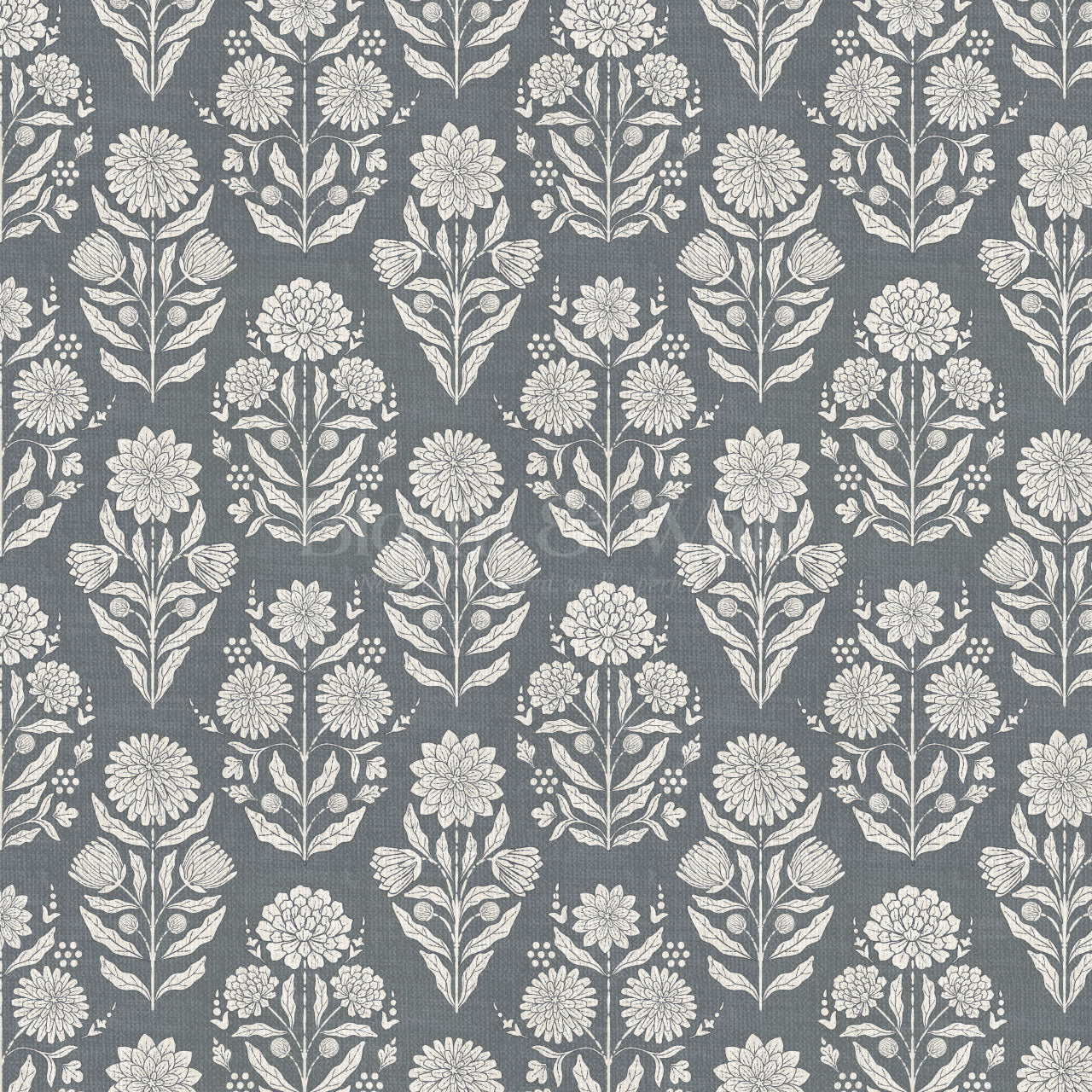 Floriane Vintage Floral Block Print Slate Wallpaper
