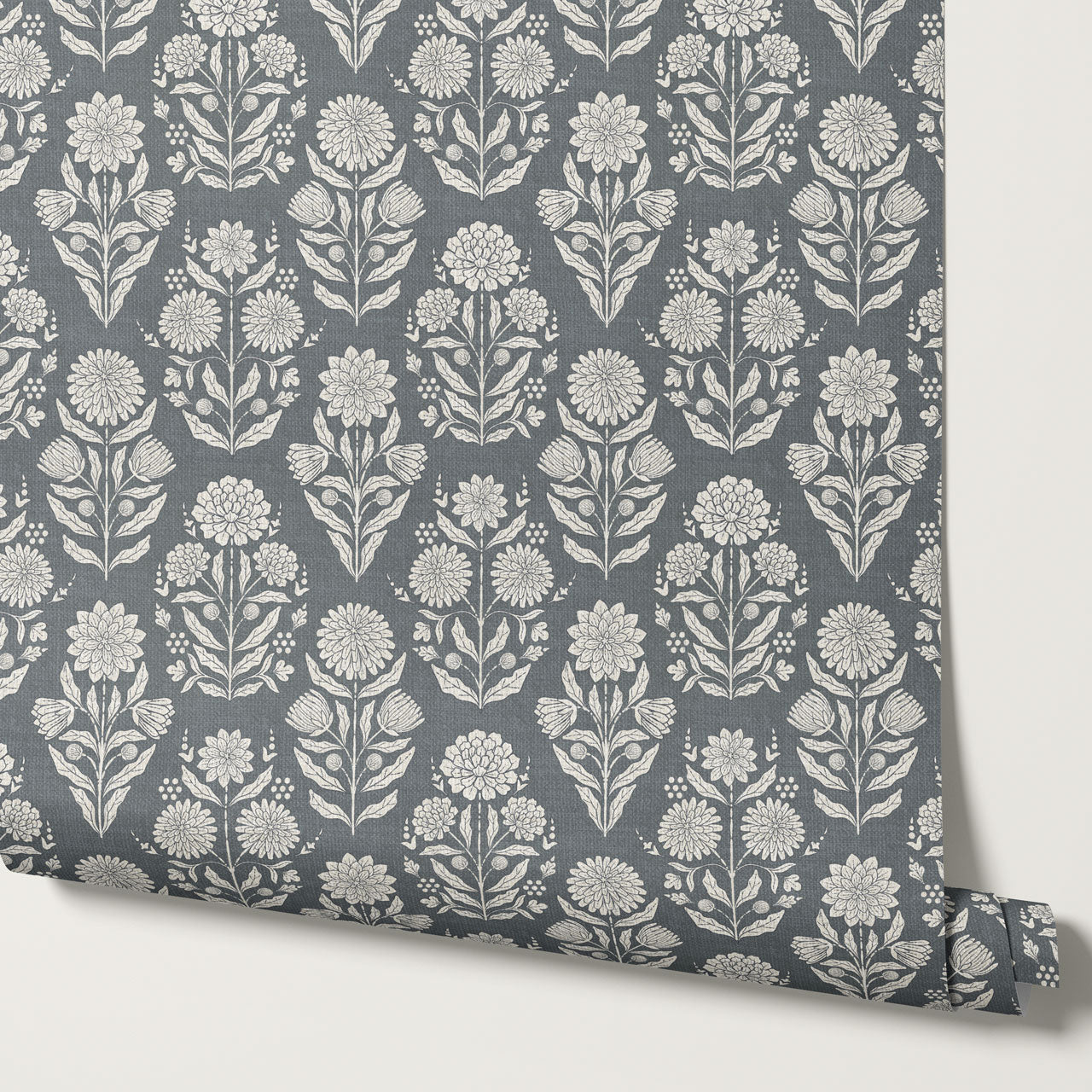 Floriane Vintage Floral Block Print Slate Wallpaper