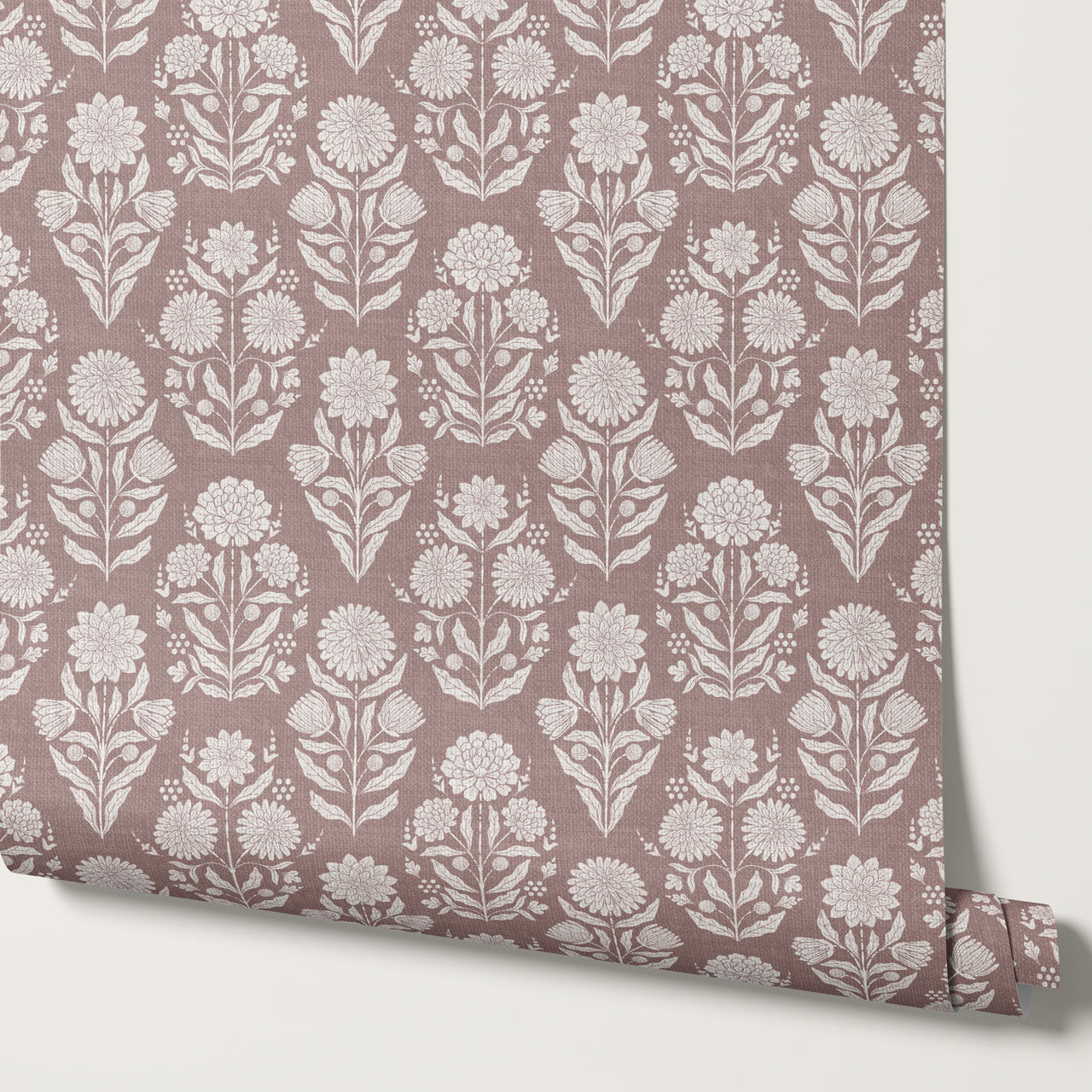 Floriane Vintage Floral Block Print Maroon Wallpaper