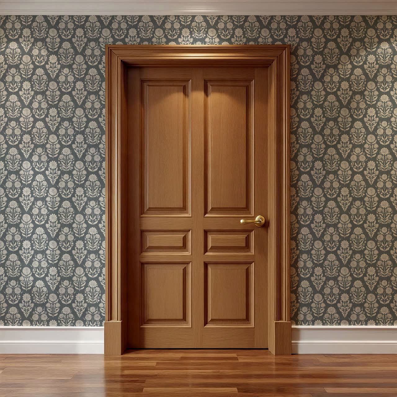 Floriane Vintage Floral Block Print Slate Wallpaper