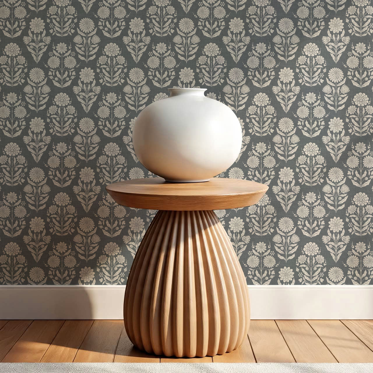 Floriane Vintage Floral Block Print Slate Wallpaper