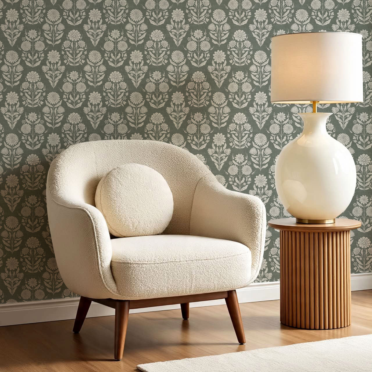 Floriane Vintage Floral Block Print Sage Wallpaper