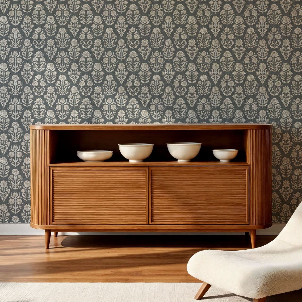 Floriane Vintage Floral Block Print Slate Wallpaper