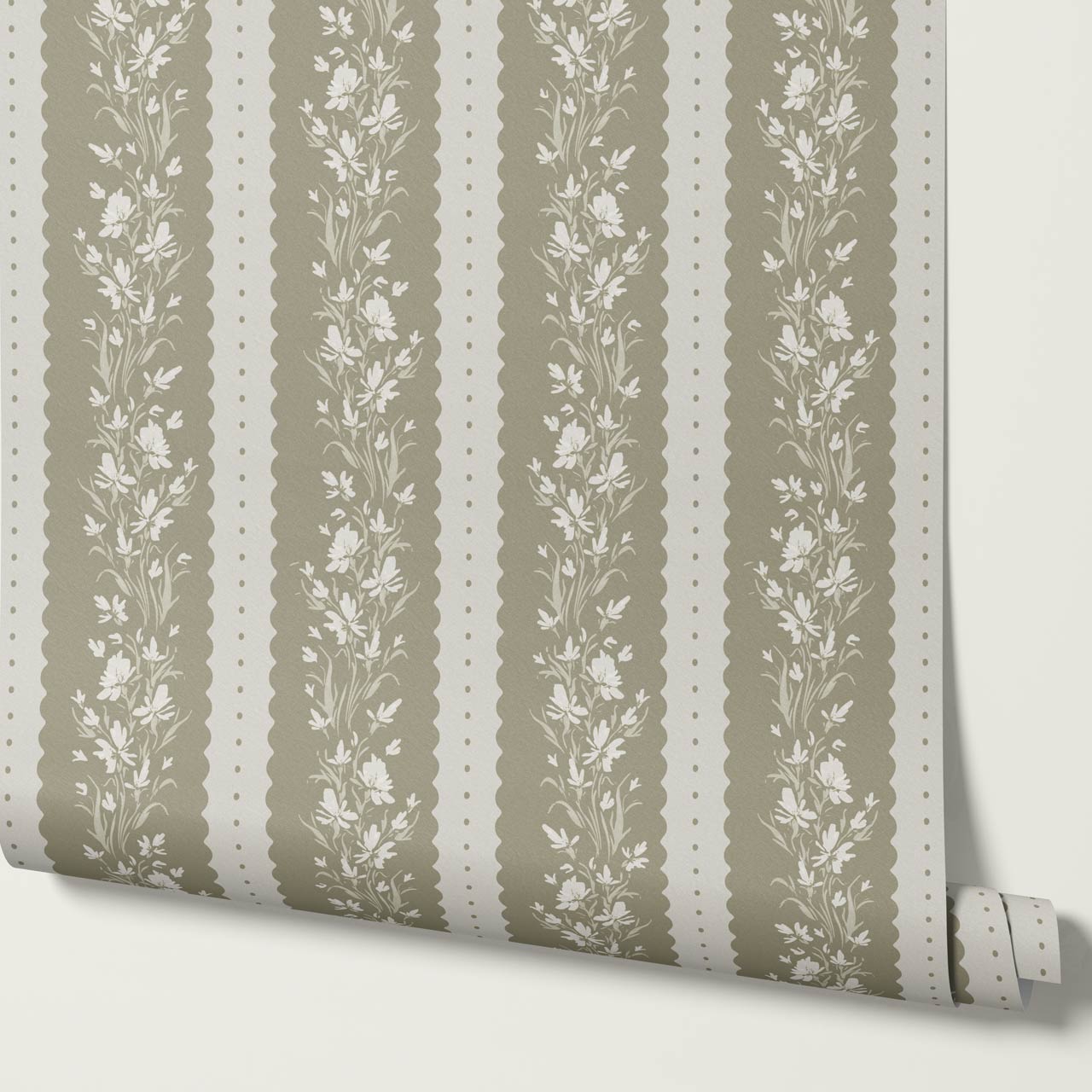 Francesca Blooming Stripes Deep Olive Wallpaper