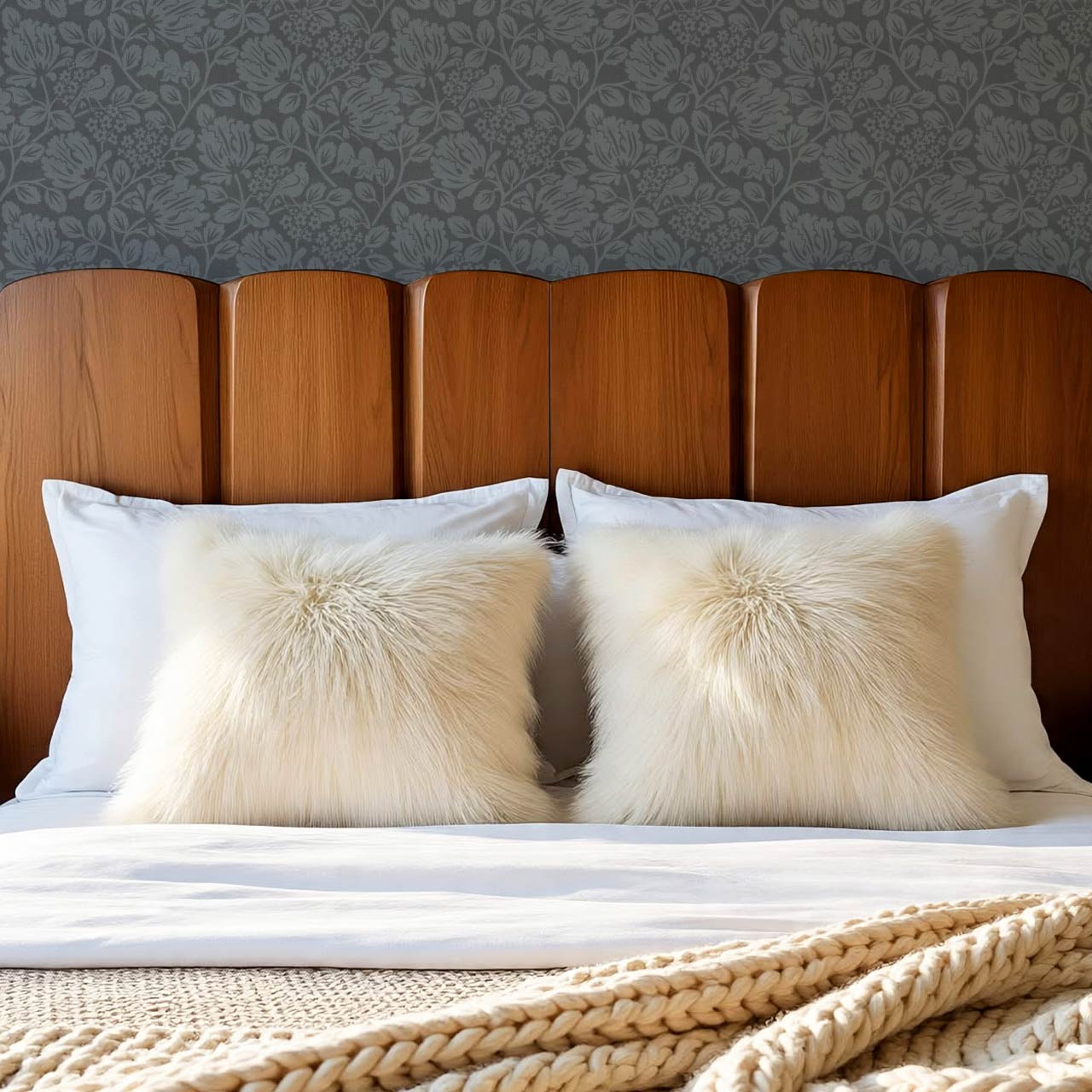 Gabriella Boho Birds and Floral Vines Slate Wallpaper