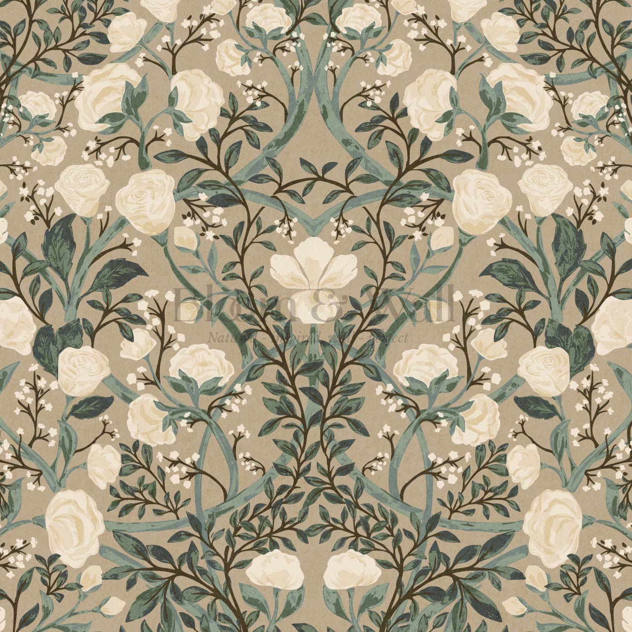 Galena Rose Vines Tan Forest Wallpaper