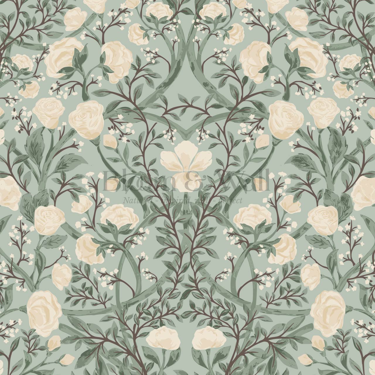 Galena Rose Vines Sage Cream Wallpaper
