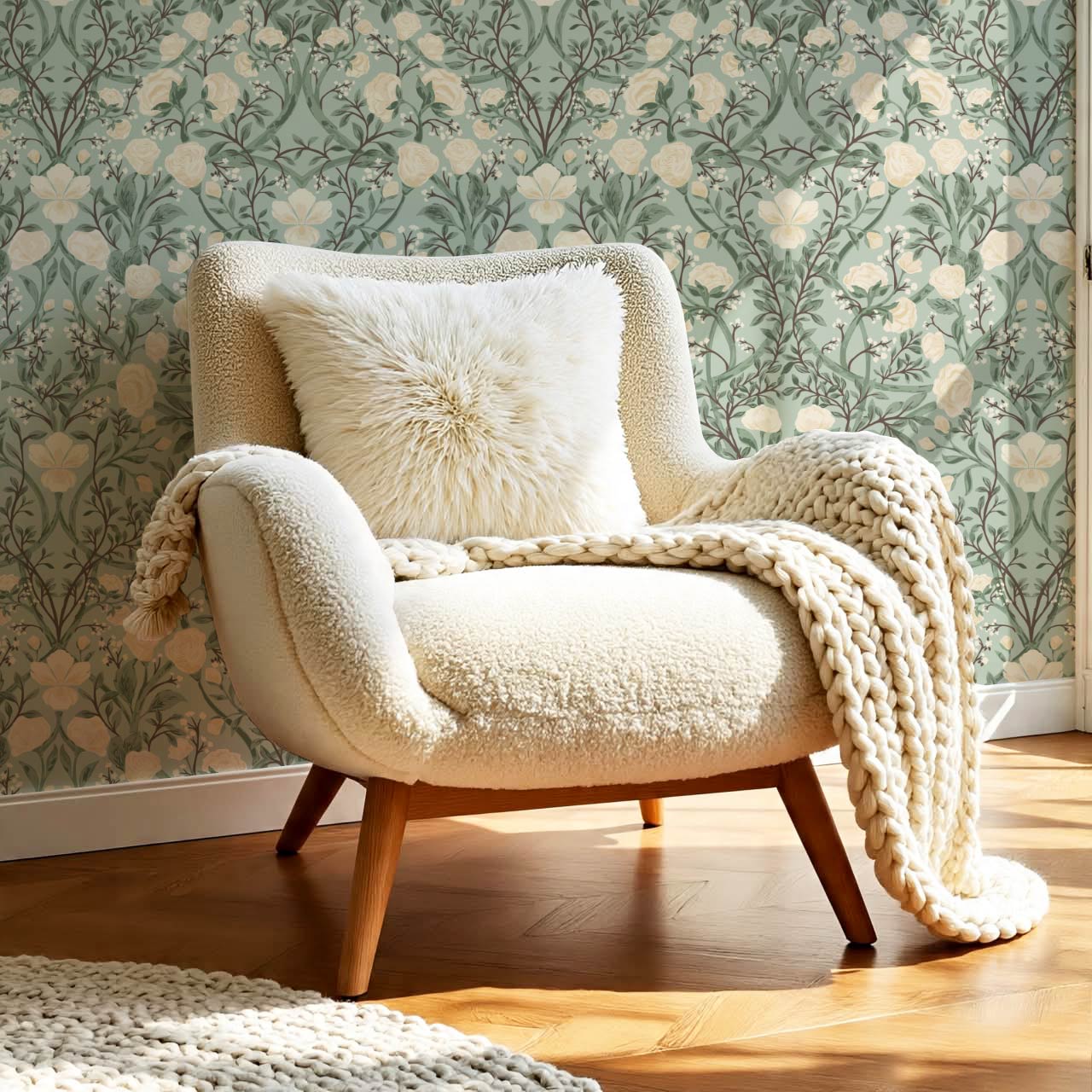 Galena Rose Vines Sage Cream Wallpaper