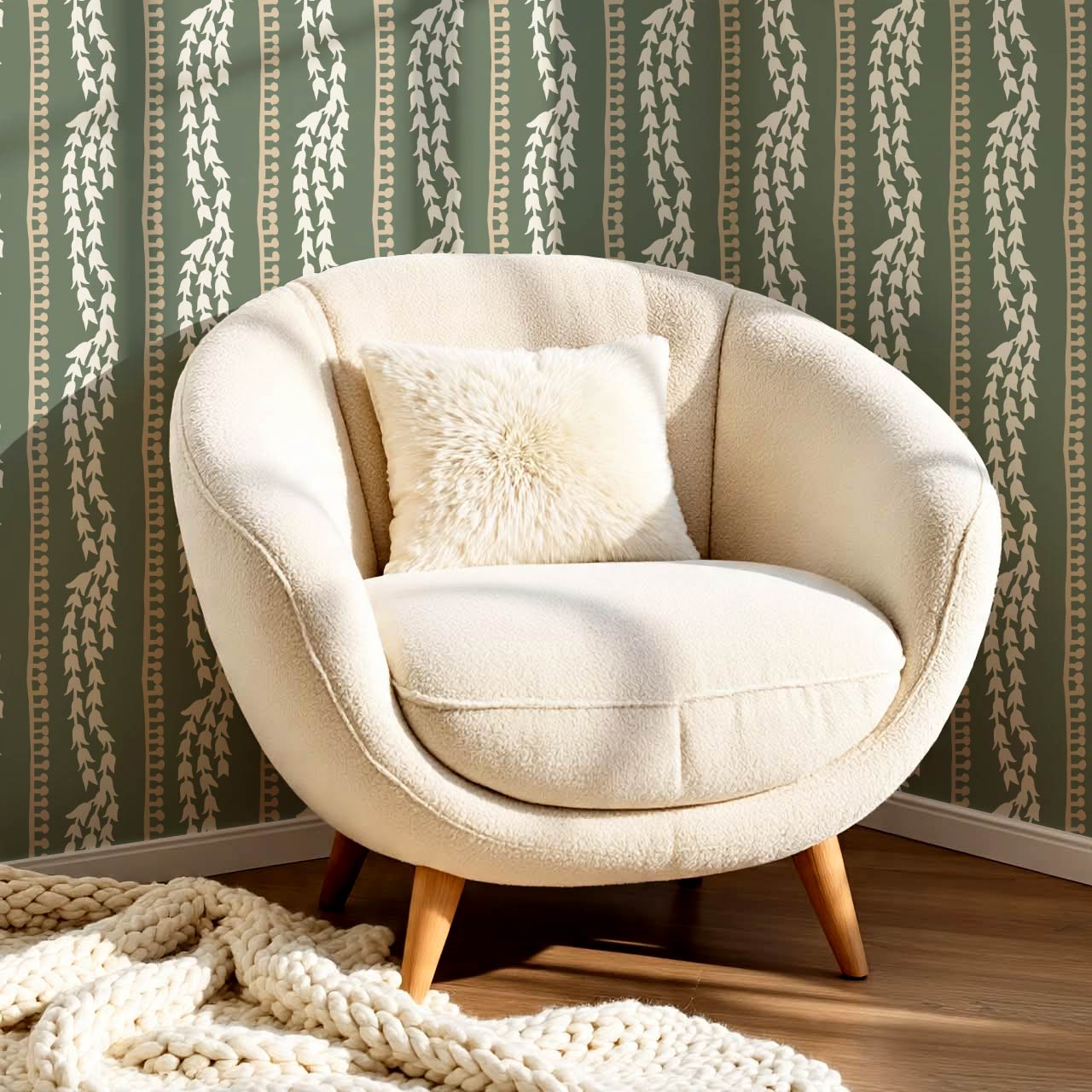 Genevieve Folk Vine Stripe Fern Wallpaper