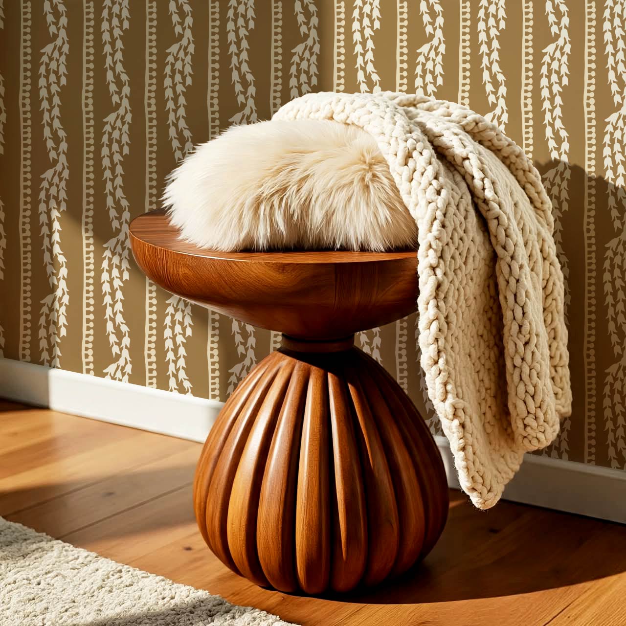 Genevieve Folk Vine Stripe Parchment Wallpaper