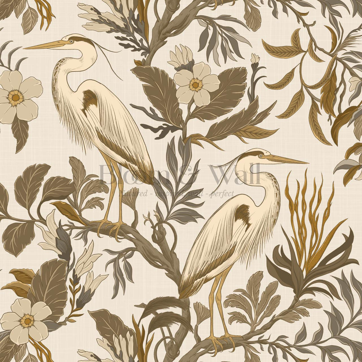 Genoveva Herons Ivory Deep Olive Ochre Wallpaper