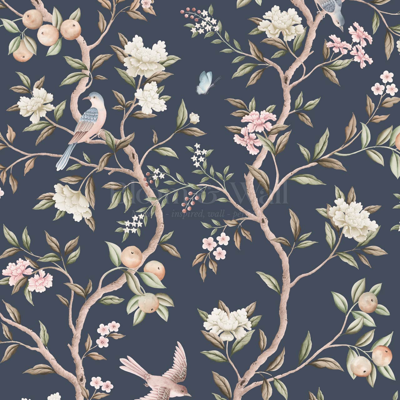 Ginevra Orchard Song Chinoiserie Navy Pastel Wallpaper