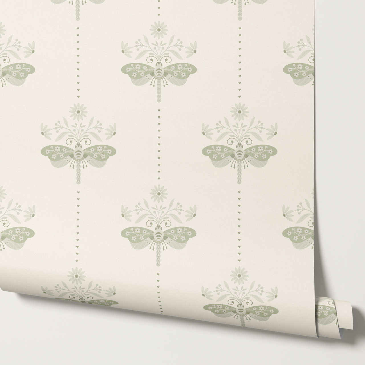 Gracie Rosewing Hearts Cream Sage Wallpaper