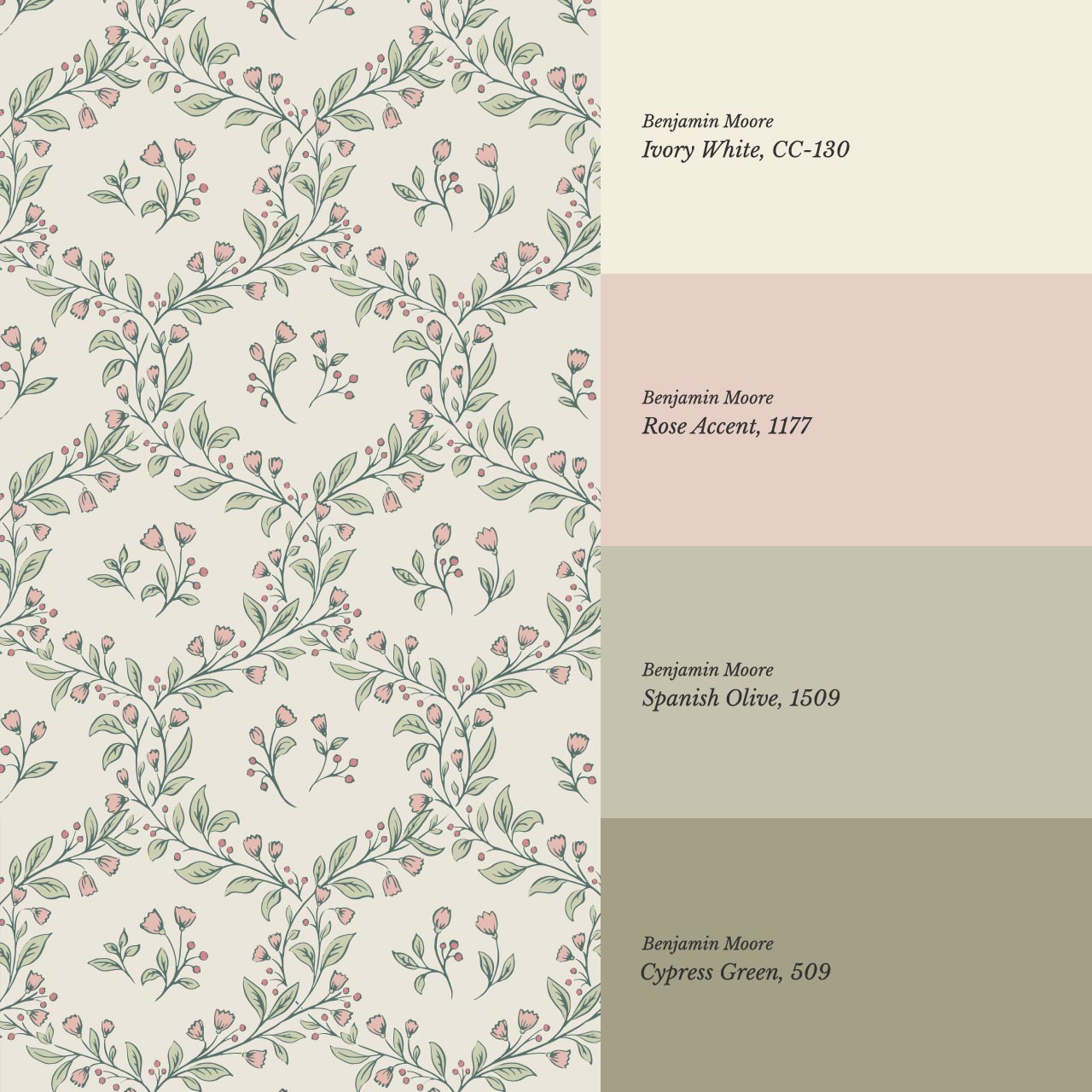 Hadley Leafy Ogee Blush Green Wallpaper