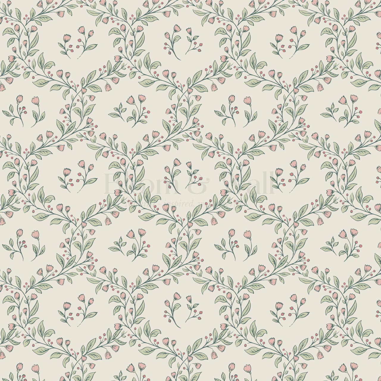 Hadley Leafy Ogee Blush Green Wallpaper