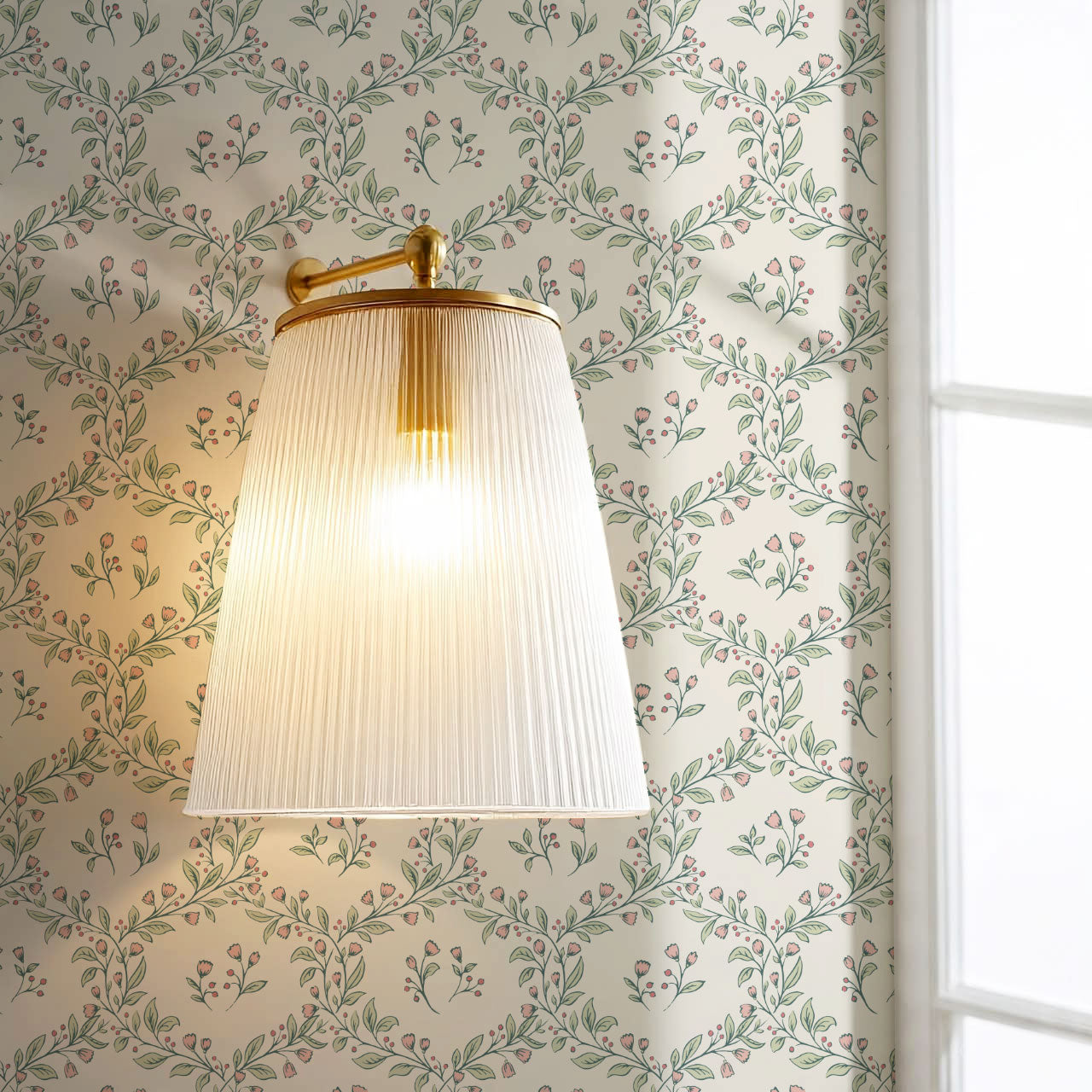 Hadley Leafy Ogee Blush Green Wallpaper