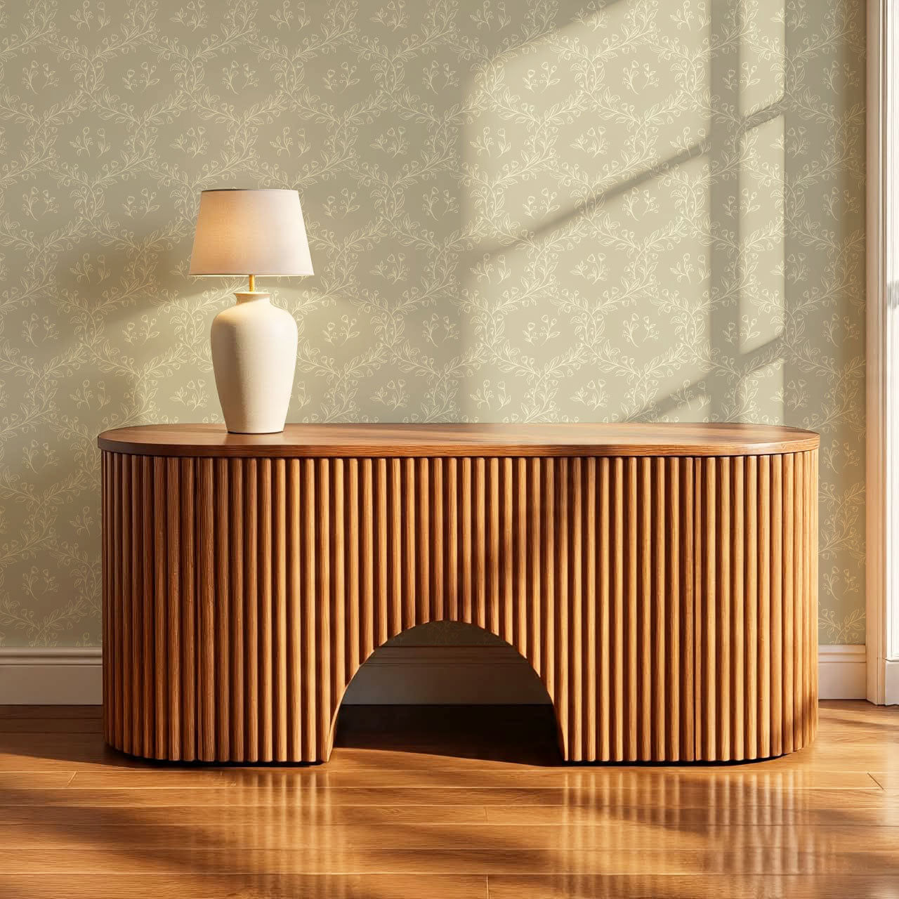 Hadley Leafy Ogee Stone Wallpaper