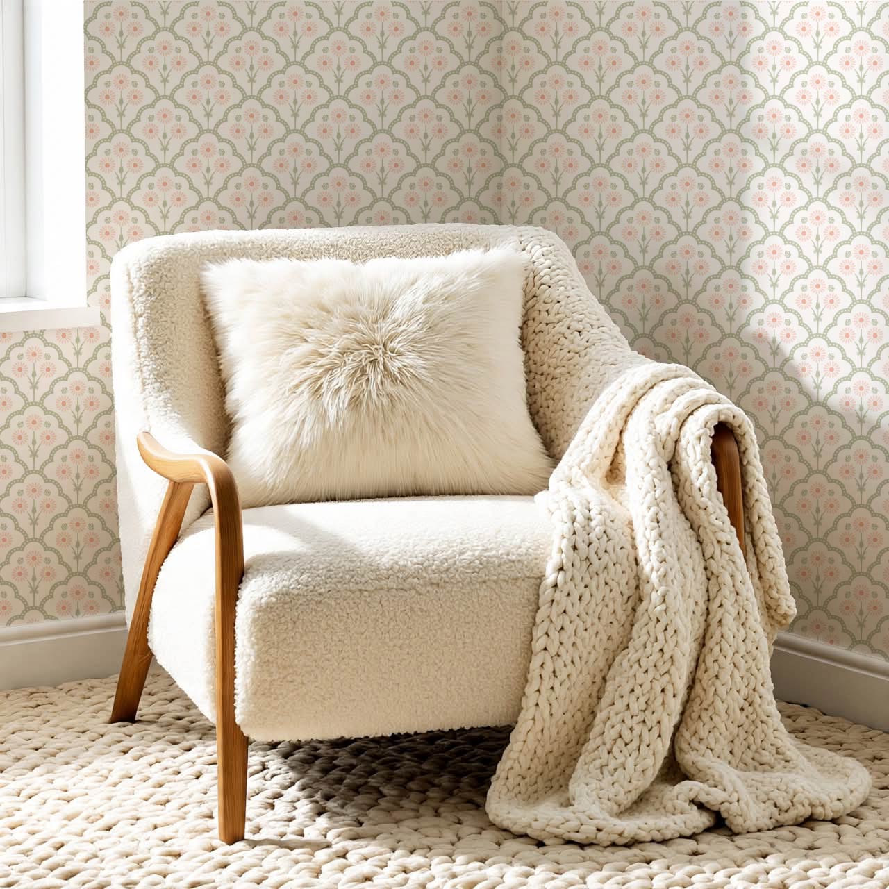 Haisley Scalloped Bloom Sage Blush Wallpaper